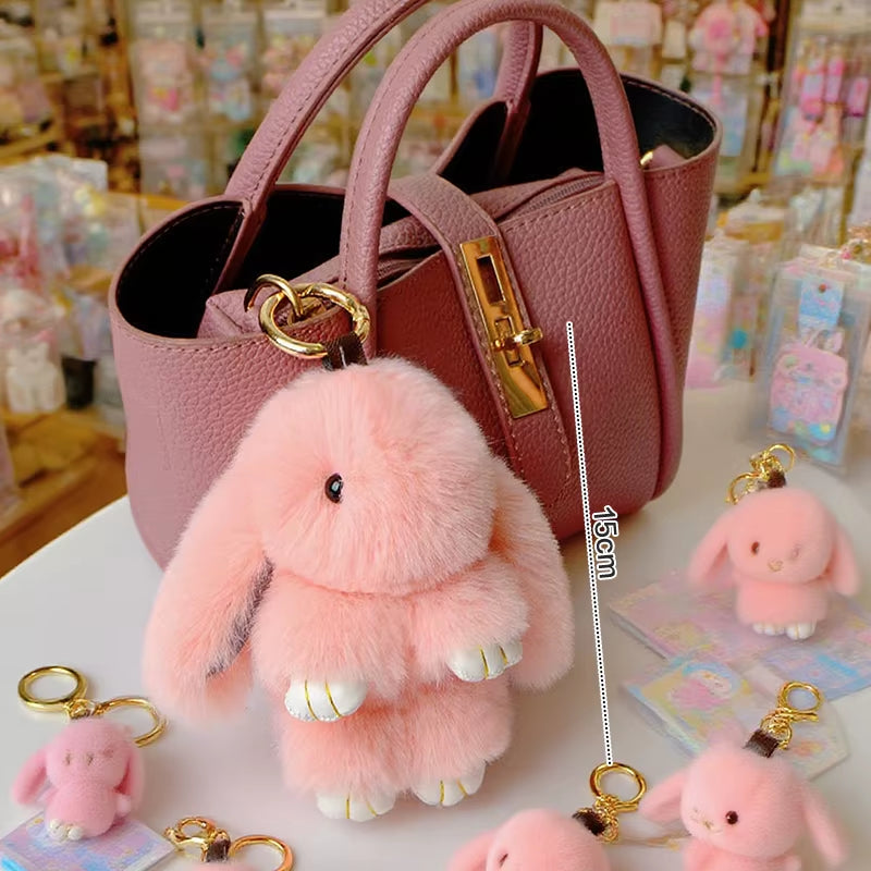 1PC 15CM Cartoon Rabbit Keychain Ring Fluffy Real Fur Pompon Bunny Trinket Key Chain Charm Cute Key Ring on Bag Car Key Pendant