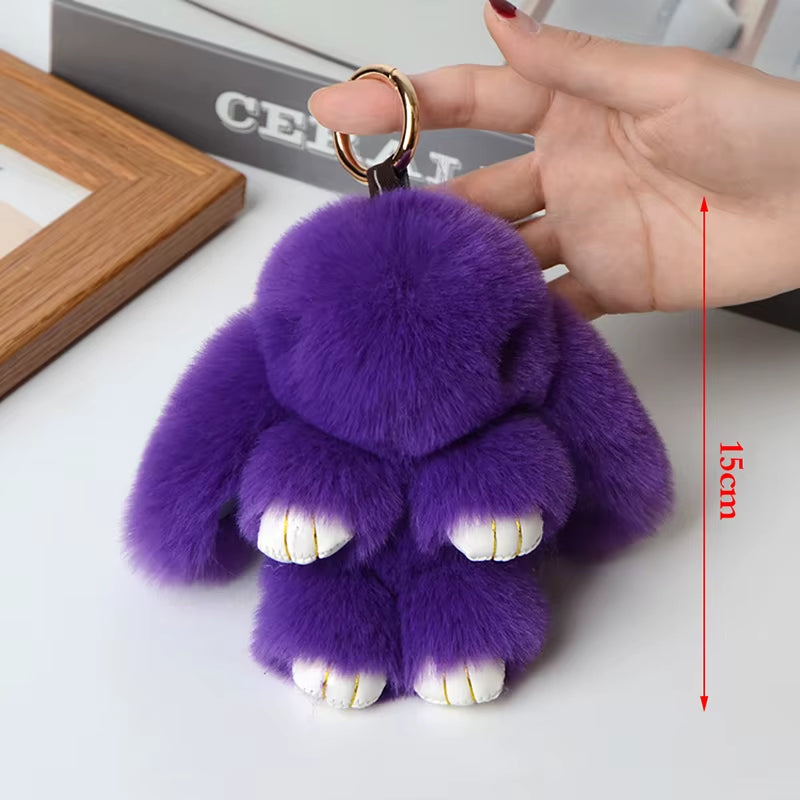 1PC 15CM Cartoon Rabbit Keychain Ring Fluffy Real Fur Pompon Bunny Trinket Key Chain Charm Cute Key Ring on Bag Car Key Pendant