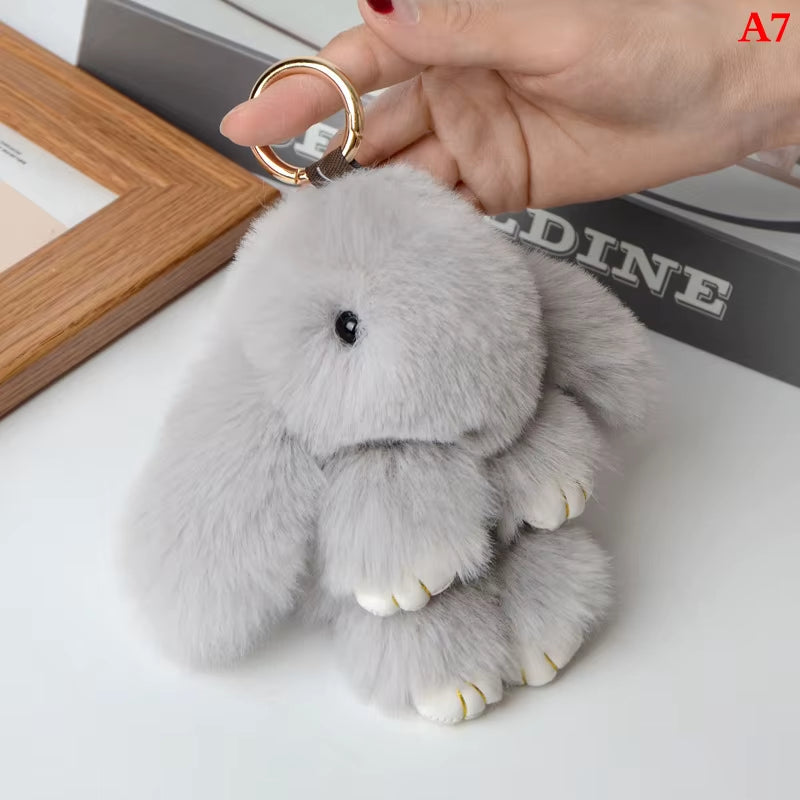 1PC 15CM Cartoon Rabbit Keychain Ring Fluffy Real Fur Pompon Bunny Trinket Key Chain Charm Cute Key Ring on Bag Car Key Pendant